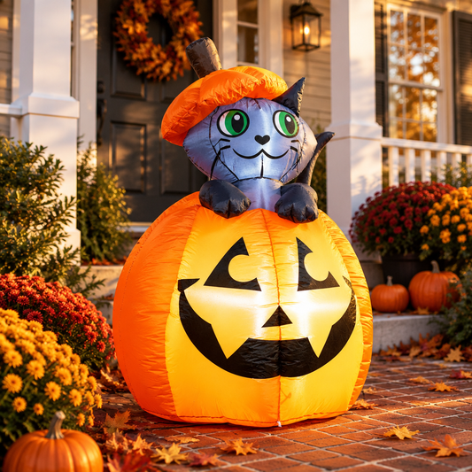 5 ft animated kitty cat pumpkin Halloween inflatable glowing on a brick porch walkway surrounded by autumn leaves and pumpkins