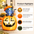 Product highlights for the kitty cat pumpkin Halloween inflatable: LED lights, weather-resistant fabric, built-in IP44 air blower, stakes and strings included