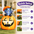 Four step quick setup guide for the kitty cat pumpkin Halloween inflatable: close the zipper, connect power, hook the strings and secure the stakes