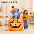 Product size infographic for the 5 ft kitty cat pumpkin Halloween inflatable next to a child for scale, with 5 ft and 4 ft measurement lines