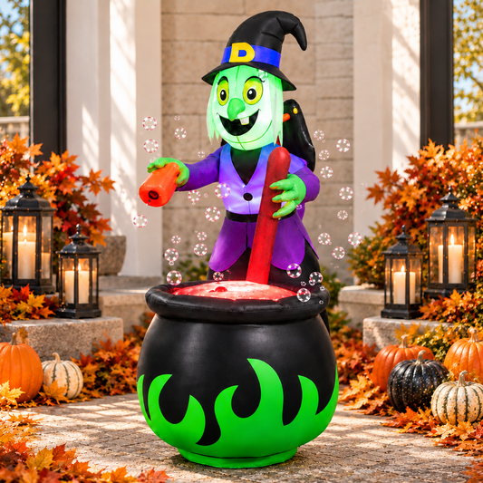 6 FT witch cauldron bubbling potion Halloween inflatable on a porch during the day