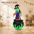 Product size dimensions chart for the 6 ft witch cauldron bubbling potion Halloween inflatable, 6 ft tall by 2.6 ft wide by 4 ft deep