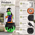 Product highlights for the witch cauldron Halloween inflatable: bubble solution included, integrated bubble disc, weather resistant fabric, UL certified plug, built in IP44 blower