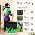 Four step quick setup guide for the witch cauldron bubbling potion Halloween inflatable: zip base, connect power, attach guide ropes, anchor with stakes