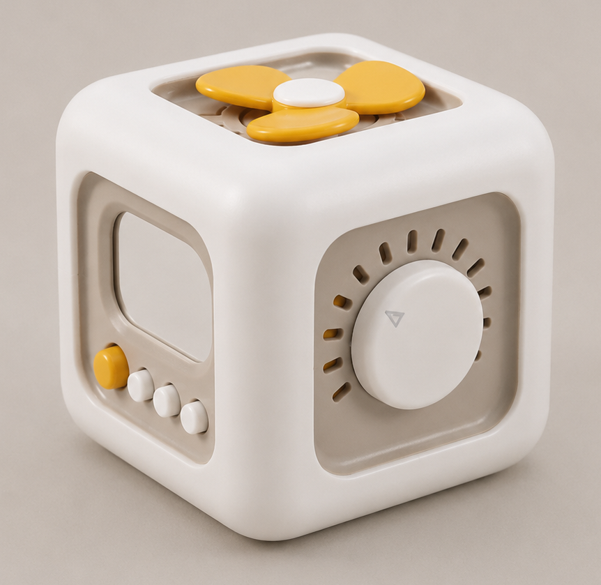 stress-relief cube-shaped device with buttons and display on a beige background, for self-enxiety regulation, big emotions, adhd