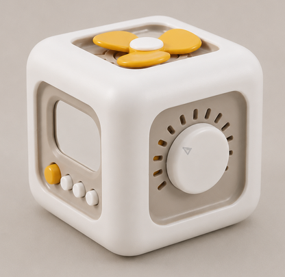 stress-relief cube-shaped device with buttons and display on a beige background, for self-enxiety regulation, big emotions, adhd