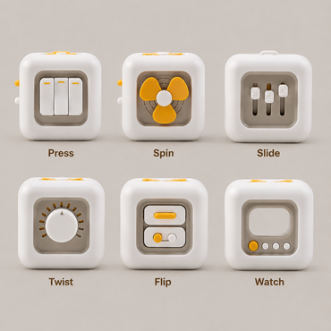 Fidget cube with various functions labeled on a gray background, for enxiety relief, self-regulation, autistic and adhd kids