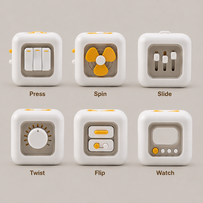 Fidget cube with various functions labeled on a gray background, for enxiety relief, self-regulation, autistic and adhd kids