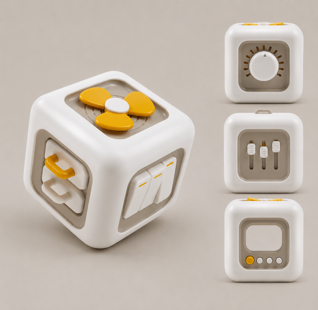 White and yellow cube-shaped device with various buttons on a beige background