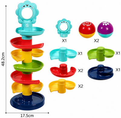 Colorful toy stack with detachable parts and dimensions on a white background