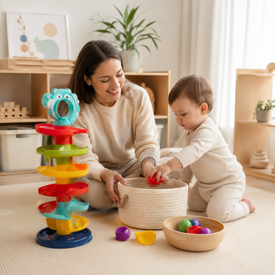 Woman and child playing with colorful toys in a home setting
