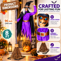 Product dimensions graphic showing the 96 inch 8 ft animated flying witch Halloween decoration with close-ups of its face, belt buckle and broom base