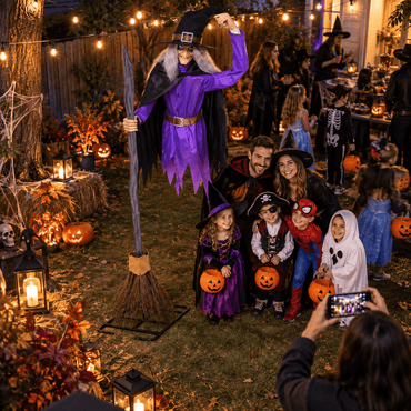 Family and kids in costumes posing for a photo in front of an 8 ft animated flying witch Halloween decoration in a glowing yard