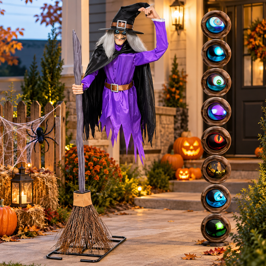 8 ft animated flying witch Halloween decoration in a purple dress hovering on a broom beside a decorated front porch, with LCD eye designs shown alongside
