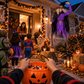 Child holding a jack-o-lantern candy bucket at a porch decorated with an 8 ft animated flying witch Halloween decoration