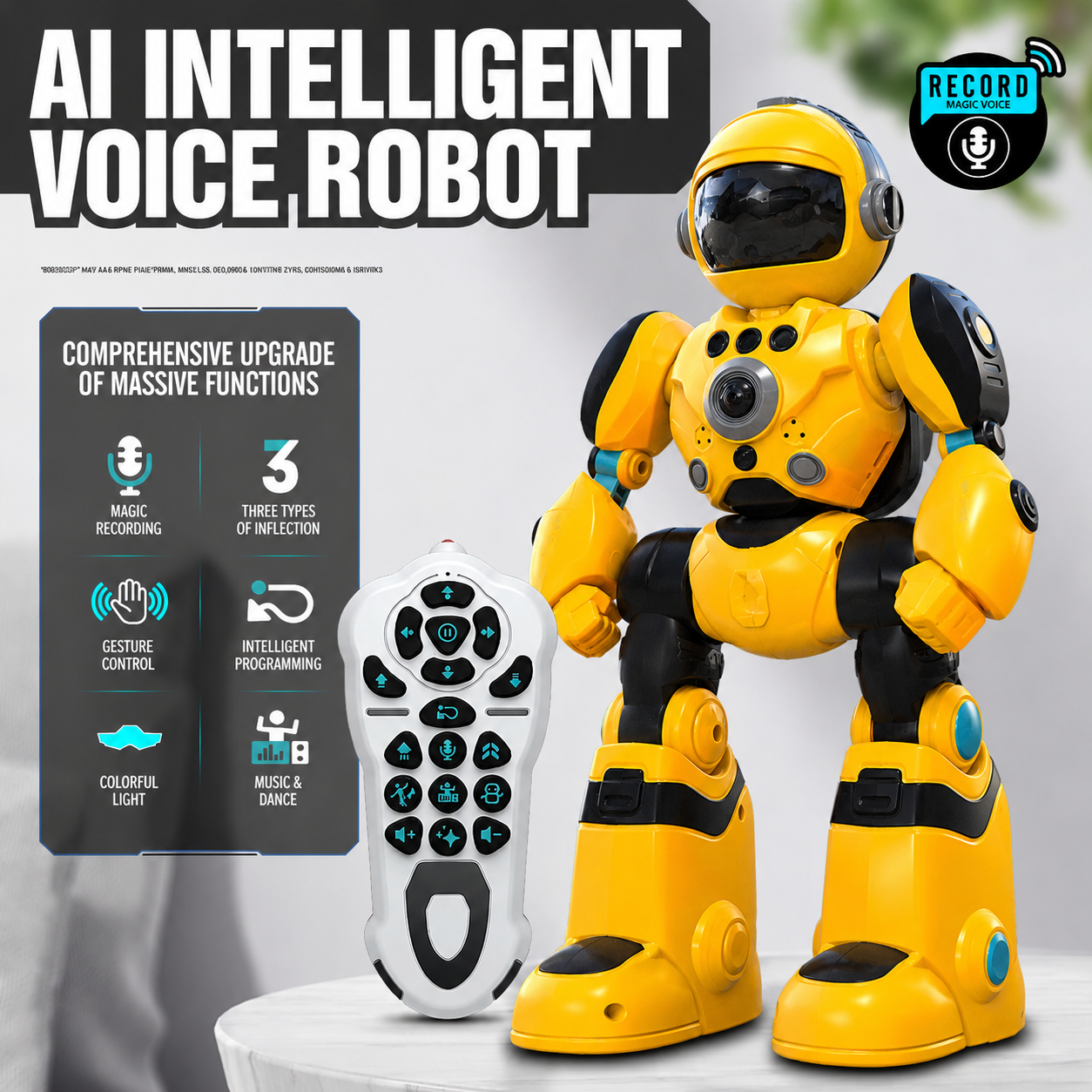 Yellow and black robot with remote control and features displayed on a gray background, perfect birthday gift for kids aged 2-13