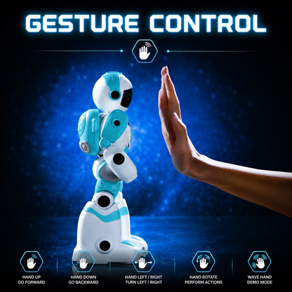 Robot with gesture control features on a dark blue background