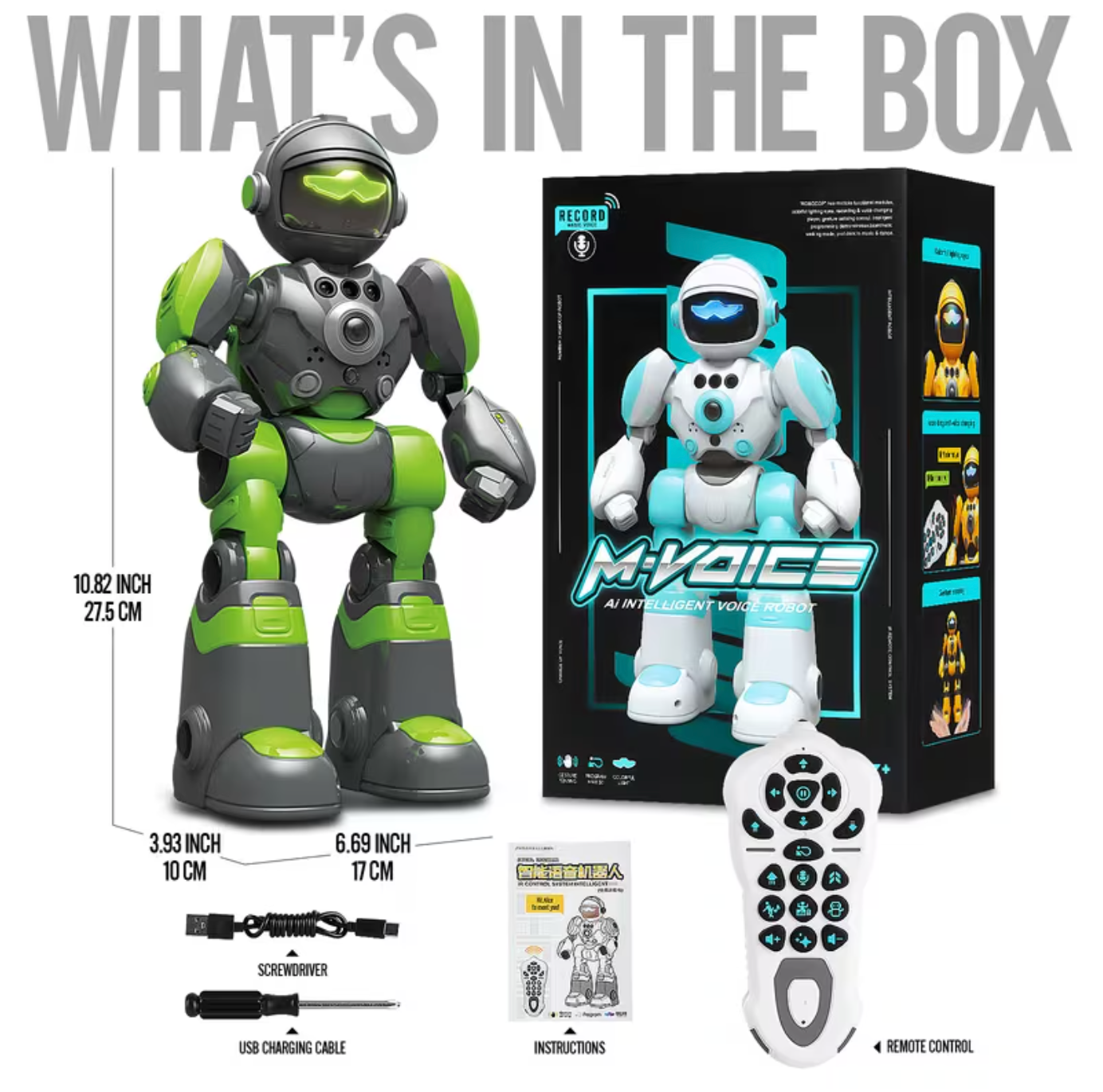 Toy robot with packaging, remote control, and accessories on a white background