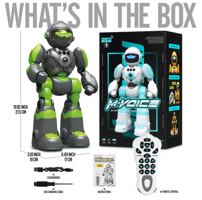 Toy robot with packaging, remote control, and accessories on a white background