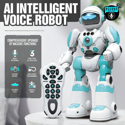 AI intelligent voice robot with remote control on a gray background, perfect birthday gift for kids aged 2-13