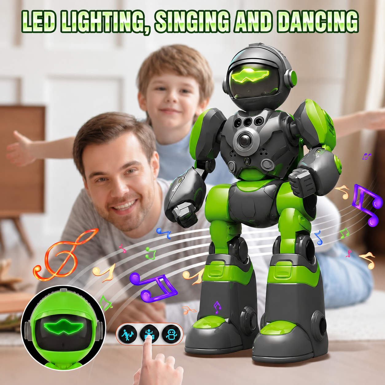 Toy robot with LED lighting, singing, and dancing features on a table with a child and adult in the background.