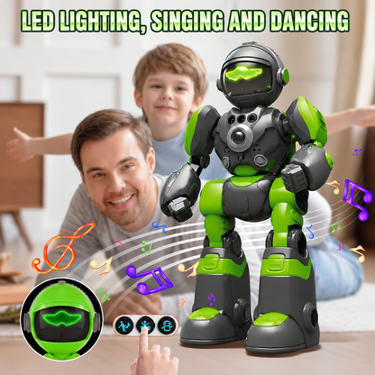 Toy robot with LED lighting, singing, and dancing features on a table with a child and adult in the background.