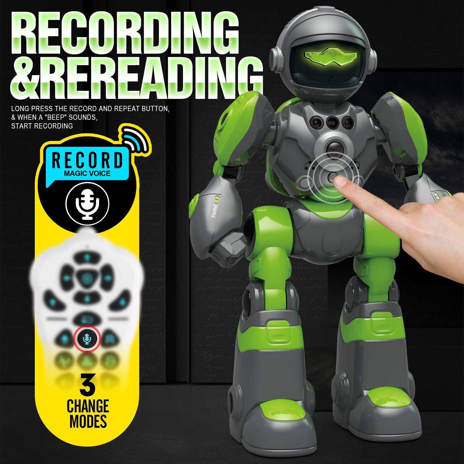Toy robot with remote control on a dark background