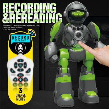 Toy robot with remote control on a dark background