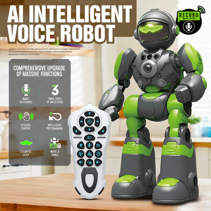 Green and gray robot with remote control on a table, labeled 'AI Intelligent Voice Robot, perfect birthday gift for kids aged 2-13