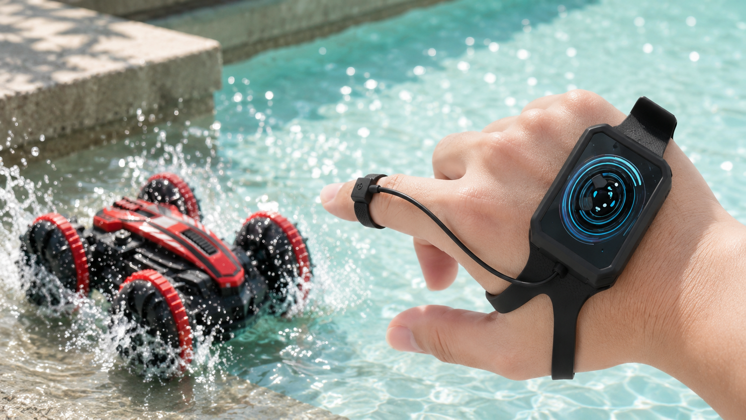 Hand wearing a smartwatch controlling a small rc vehicle in water.