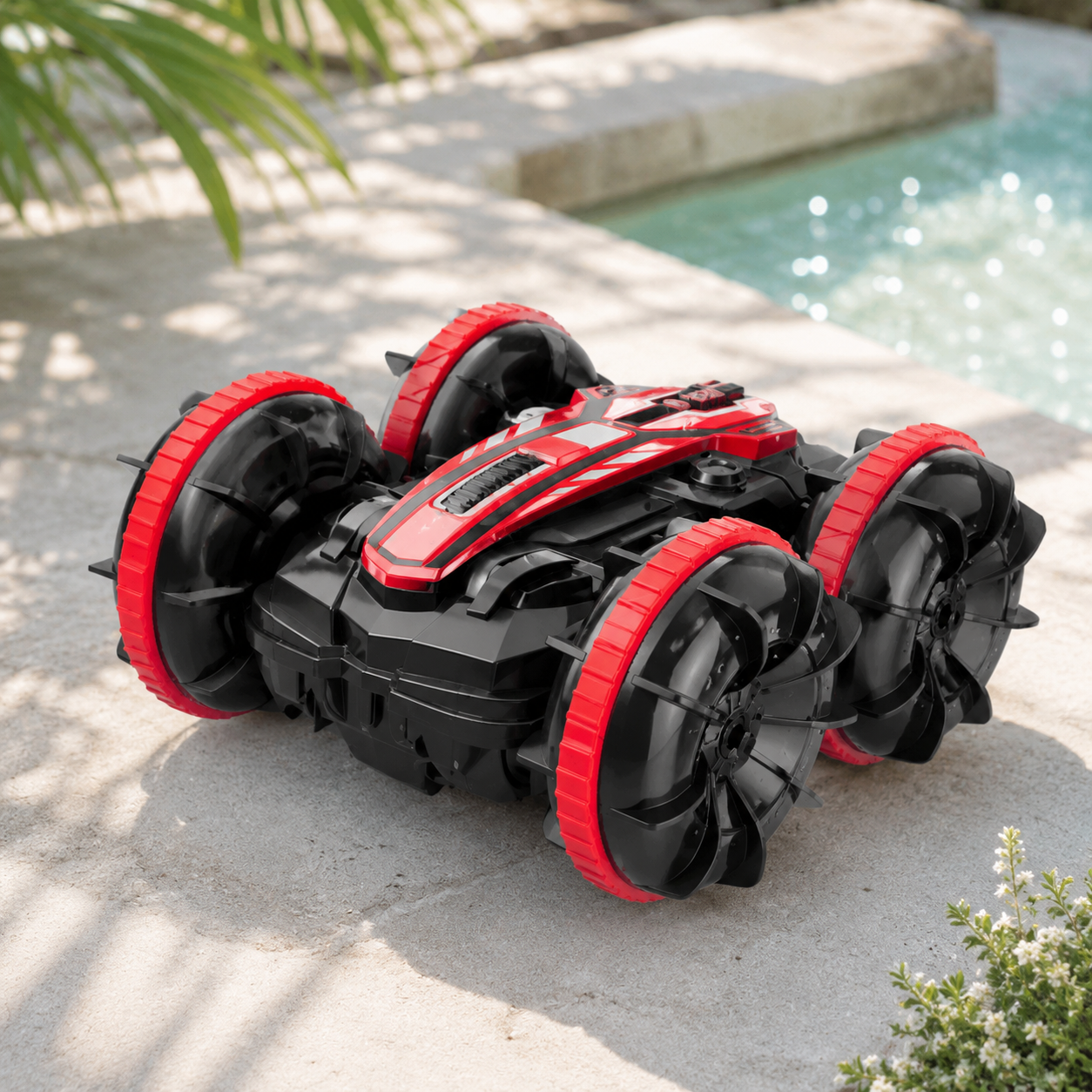 Black and red remote control vehicle on a patio near a pool, perfect for kids on vacations games