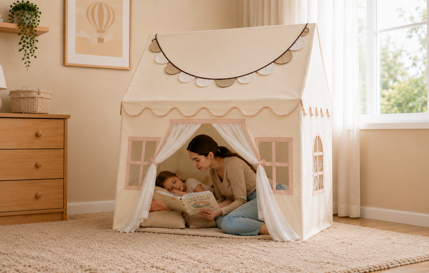 Woman reading to a child in a play tent in a cozy room.