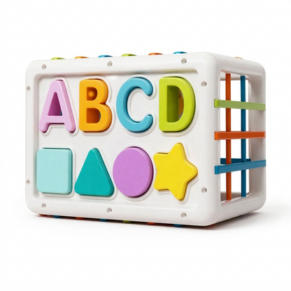Colorful children's toy with letters and shapes on a white background, Baby_Activity_Cube_-_Montessori_Learning_Toy