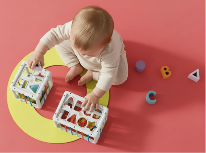 Baby playing with colorful shape and ABC letters sorting toys Baby_Activity_Cube_-_Montessori_Learning_Toy
