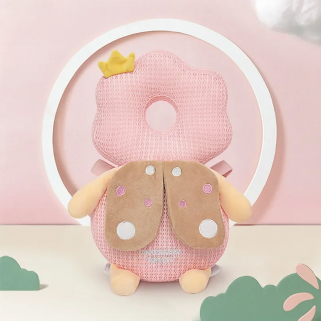 Pink butterfly mesh baby head protector backpack with a crown on a pink background