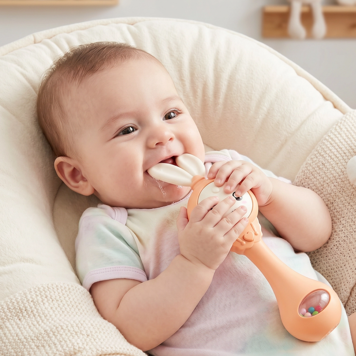 Baby Musical Rattle with Flashing Lights & Teether | 6 Music Modes Bunny Sensory Toy | Newborn Sound & Light Rattle | Baby Shower Gift Ages 0–12M | BUBINNA BunnyBeat-2