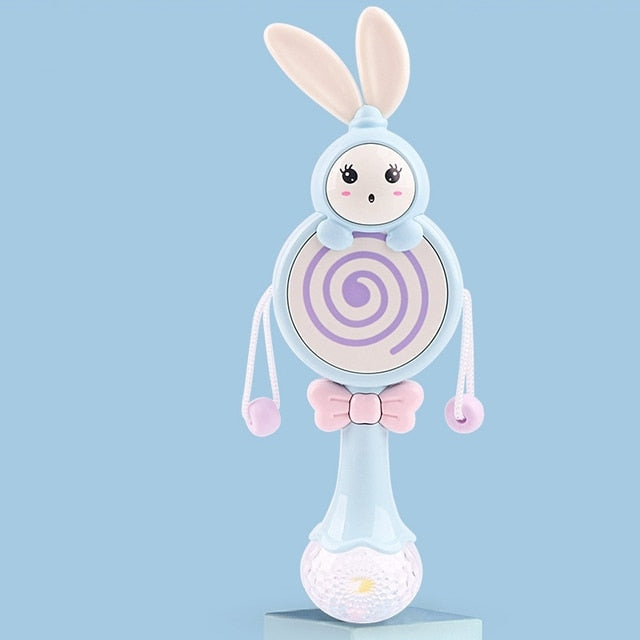 Lollipop Blue Baby Musical Rattle with Flashing Lights & Teether | 6 Music Modes Bunny Sensory Toy | Newborn Sound & Light Rattle | Baby Shower Gift Ages 0–12M | BUBINNA BunnyBeat