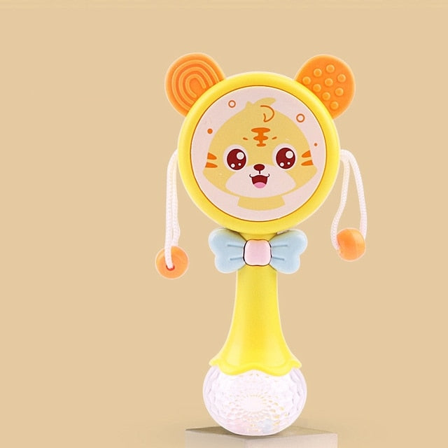 Yellow baby rattle with a tiger face Baby Musical Rattle with Flashing Lights & Teether | 6 Music Modes Bunny Sensory Toy | Newborn Sound & Light Rattle | Baby Shower Gift Ages 0–12M | BUBINNA BunnyBeat