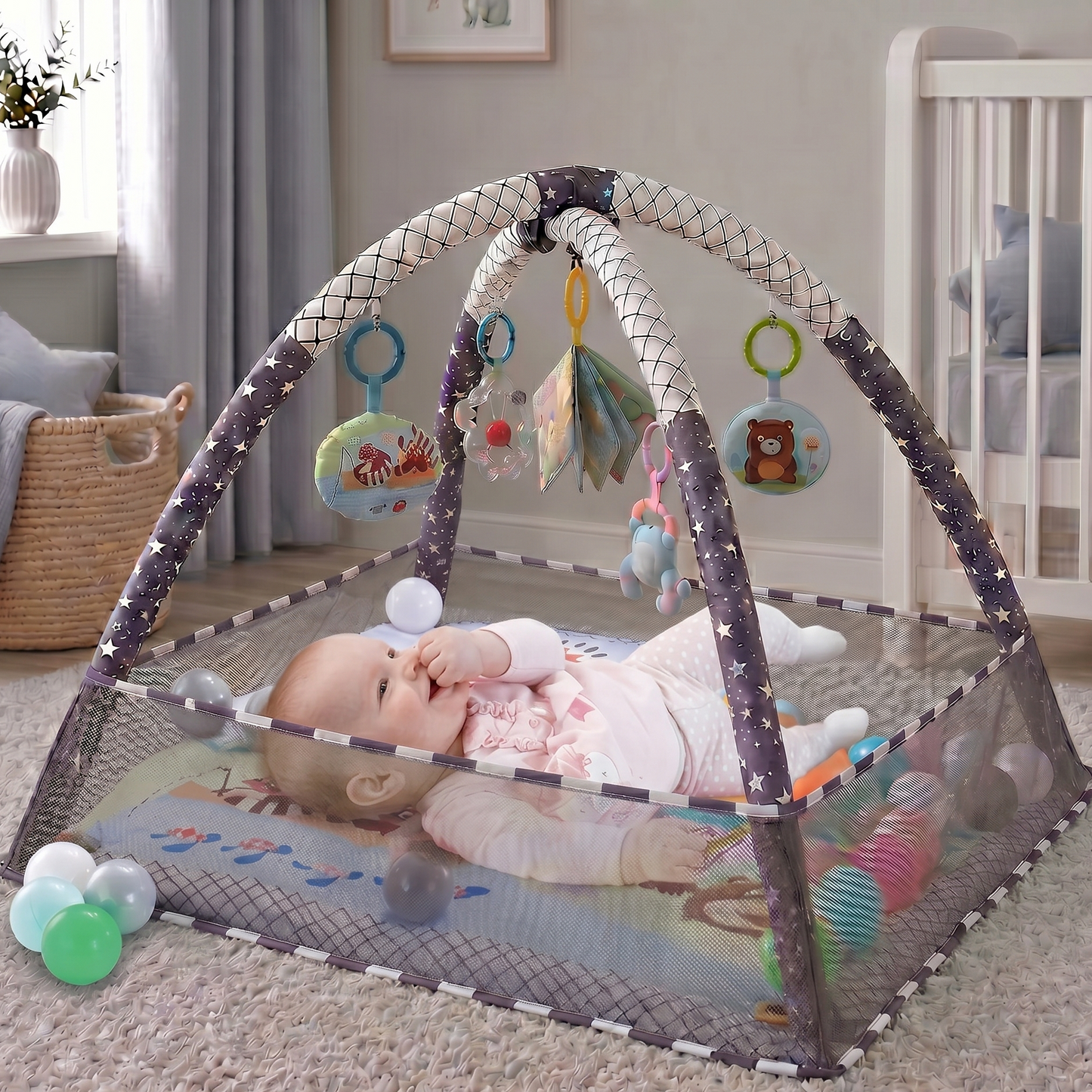 Baby playing with a gym in a nursery
