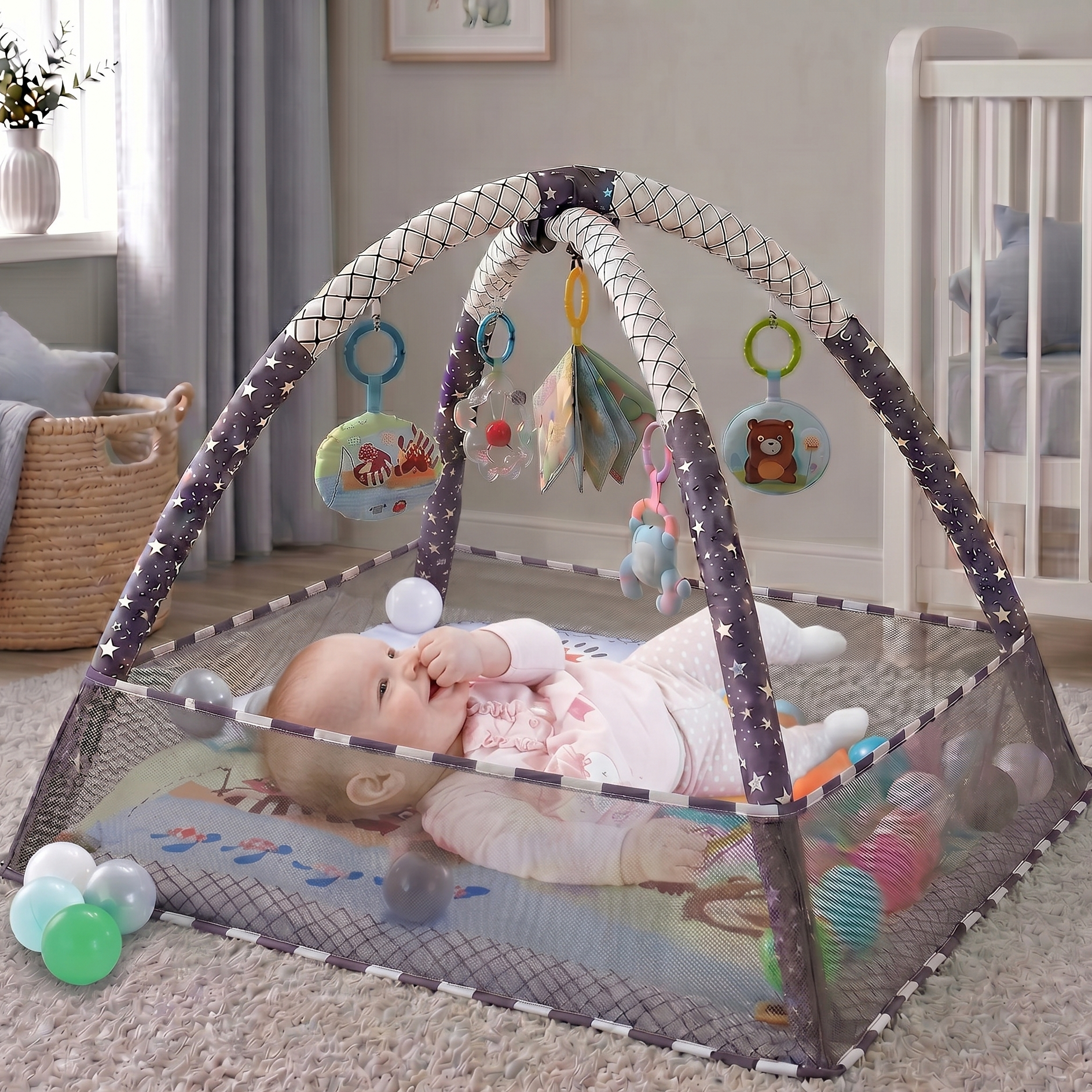 Baby playing with a gym in a nursery