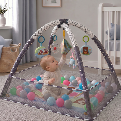 Baby playing with a colorful play gym in a nursery.