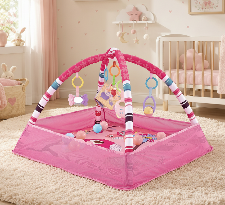Pink baby play gym with toys in a nursery setting