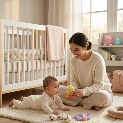 Woman playing with a baby on a rug in a nursery