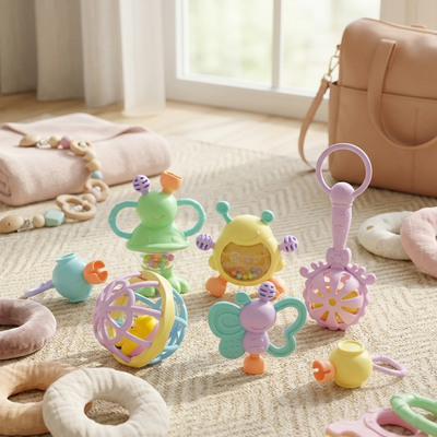 Colorful baby toys on a carpeted floor with a pink bag in the background.