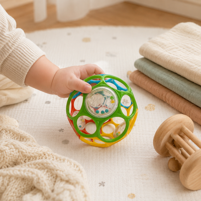 Child's hand holding a colorful baby toy on a soft surface with blankets and a wooden toy.