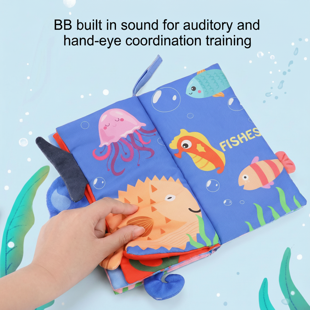 Colorful children's book with ocean-themed illustrations on a light blue background