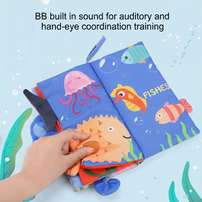 Colorful children's book with ocean-themed illustrations on a light blue background