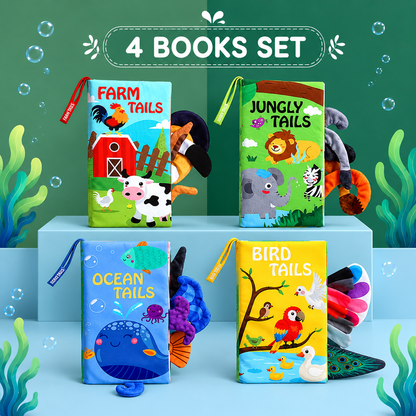 Four children's books דקא: 'Farm Tails', 'Jungly Tails', 'Ocean Tails', and 'Bird Tails' on a blue platform with a green background.