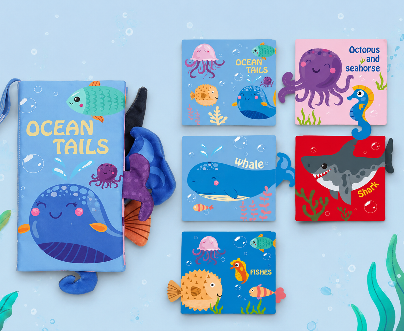 Set of children's books with ocean-themed illustrations on a light blue background