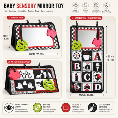 Baby sensory mirror toy shown in three views with dimensions and feature callouts: a folded mirror view, an activity panel view, and a standing hanging view. The toy has a black-and-white checkered frame, a rectangular mirror, a printed activity panel with letters and icons, a pink paw-shaped accessory, and a green teething toy on a light beige background.